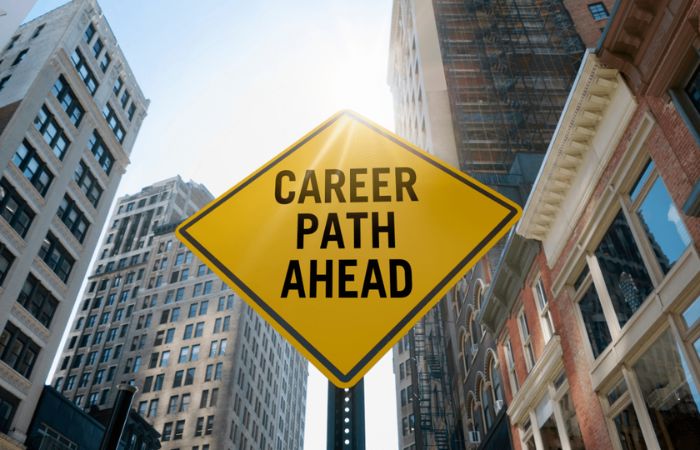 image of a street sign with the words " career path ahead" written on it